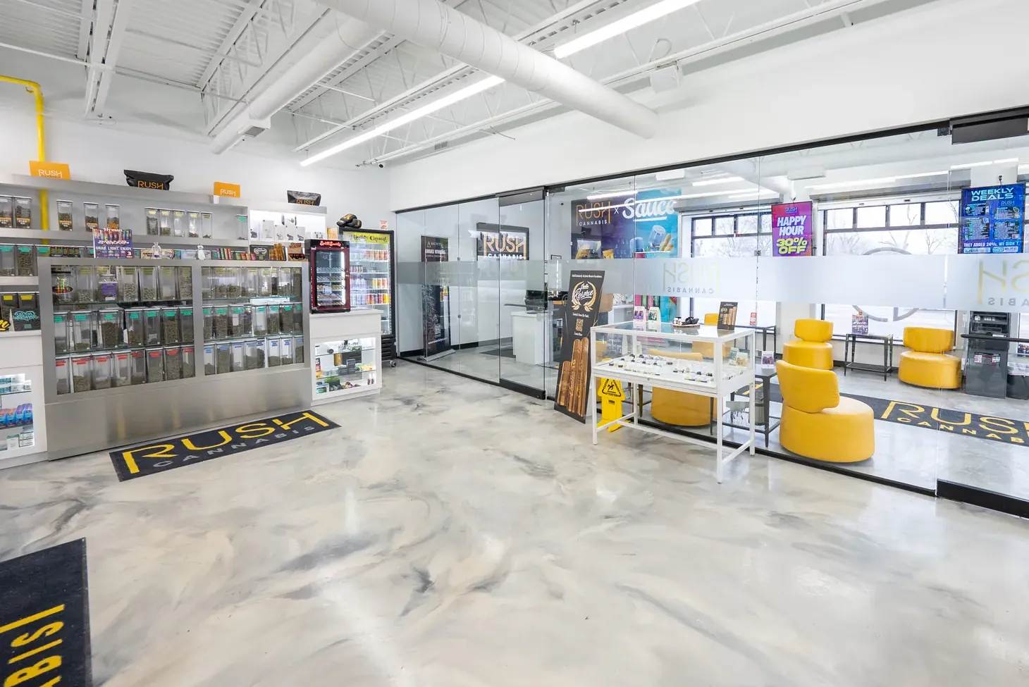 The bright, open sales floor inside RUSH Cannabis Hazel Park