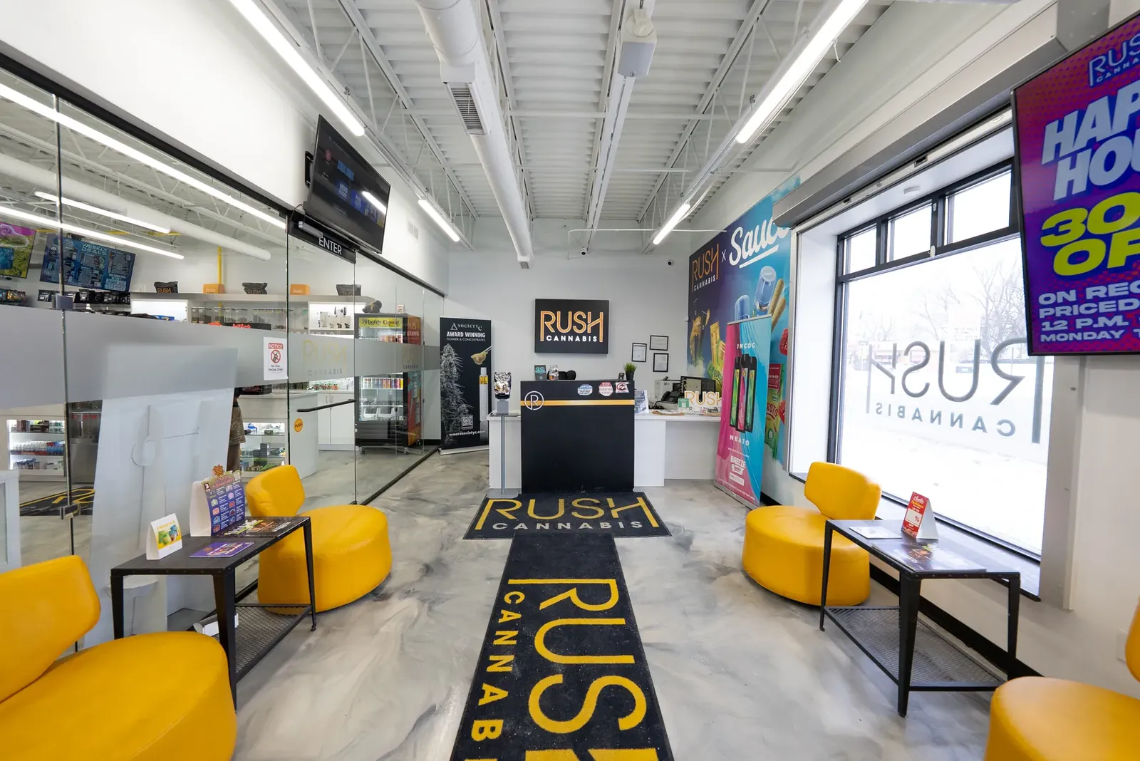 The lounge and service counter at RUSH Cannabis Hazel Park