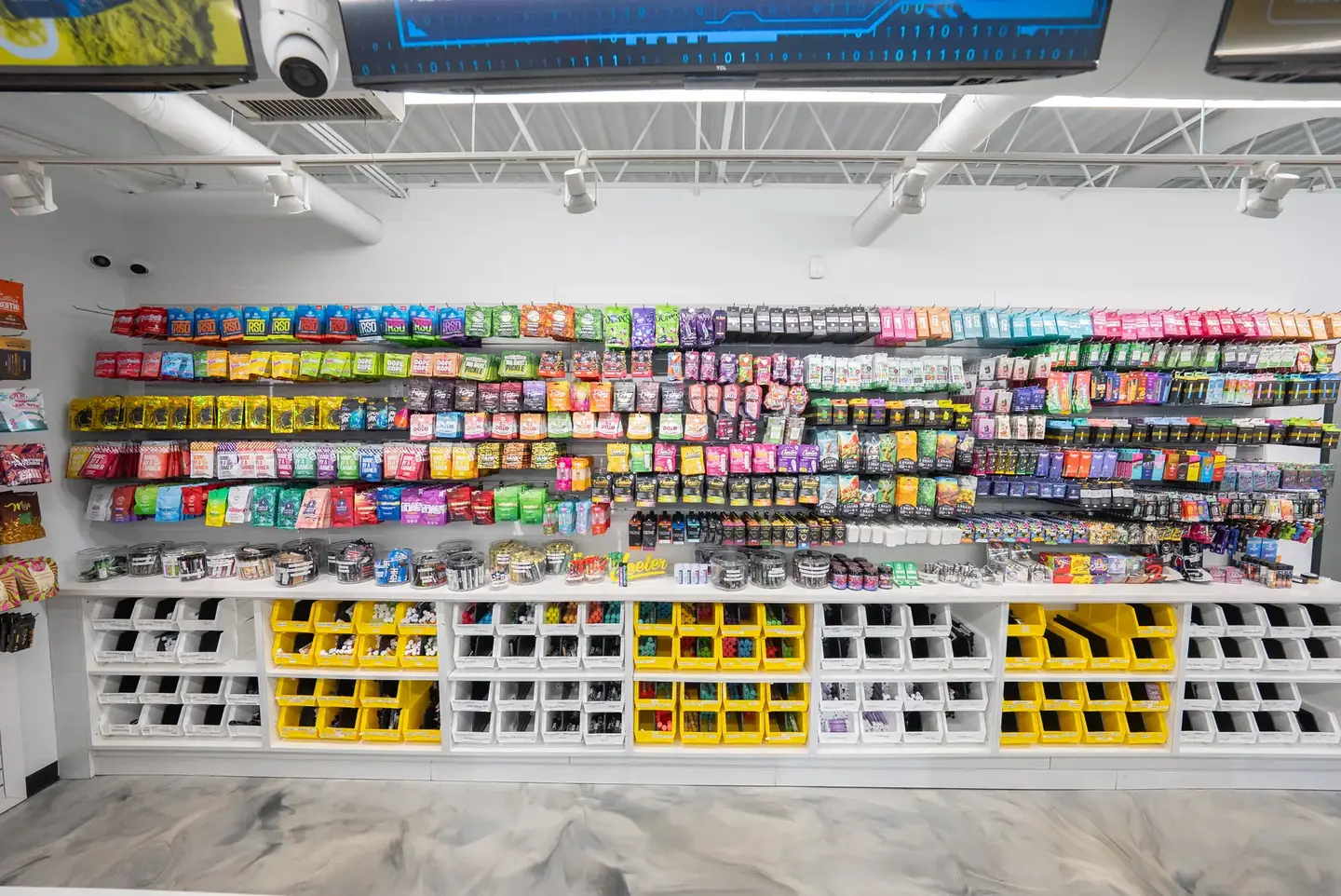 A wall of cannabis products at RUSH Cannabis Hazel Park