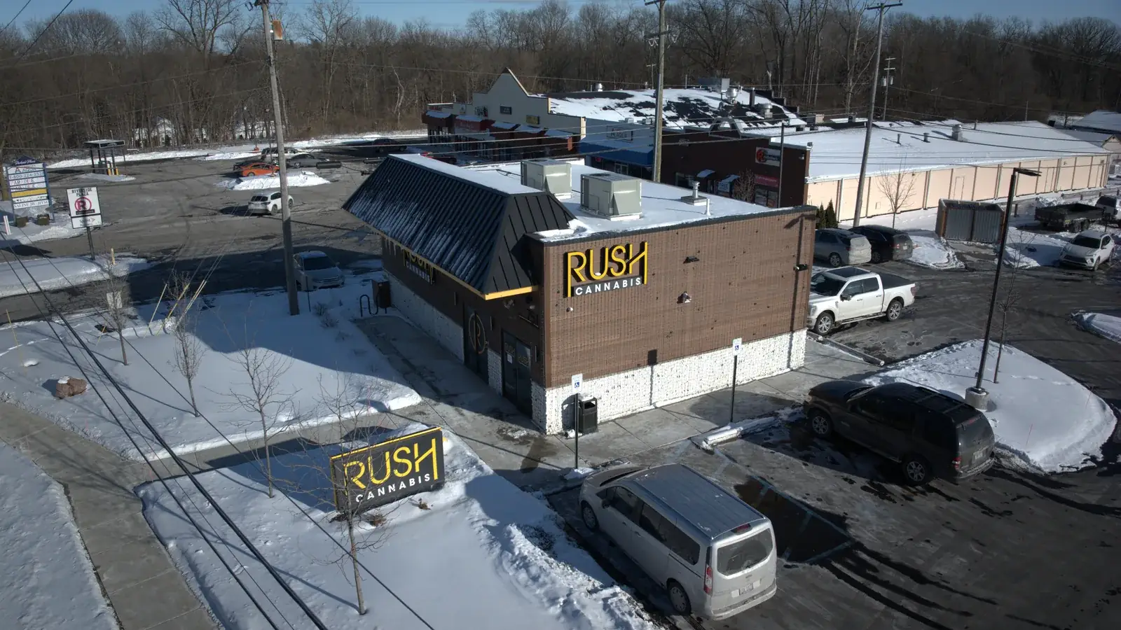 The RUSH Cannabis Saline store and monument sign seen from above